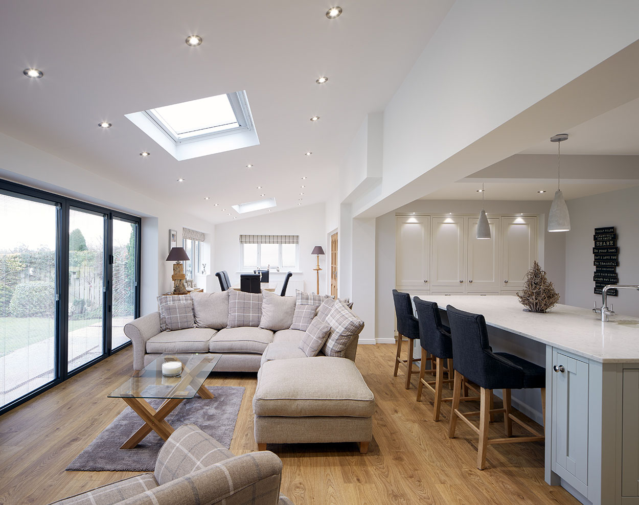 Grey open plan clearance kitchen living room